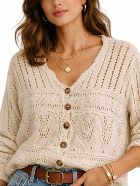 306.Cream Button-Front Crochet Knit Cardigan Sweater